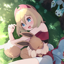 This is a pixiv picture whose title is 木漏れ日の中のカイちゃんとイーブイ.