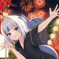 This is a pixiv picture whose title is 「花火サメ!!」.