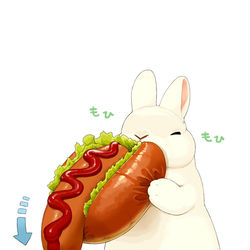 This is a pixiv picture whose title is ホットドッグ食べるのへたくそうさぎ.