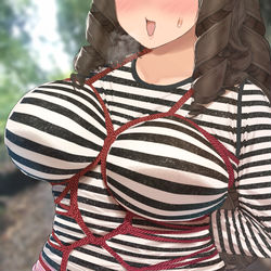 This is a pixiv picture whose title is 何故か野外で縛られている巻き髪お姉さん.