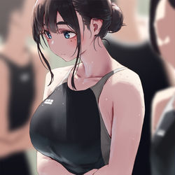This is a pixiv picture whose title is ついお腹を隠しちゃう競泳女子.