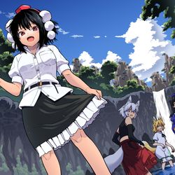 This is a pixiv picture whose title is 川で涼む天狗一行.
