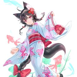 This is a pixiv picture whose title is 夏と浴衣とケモミミ娘.