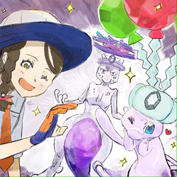 This is a pixiv picture whose title is 遊びに来たミュウと主人公と、最強のミュウツー.