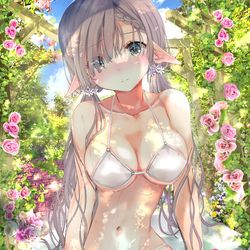 This is a pixiv picture whose title is 旧文明の「ばすたぶ」で水浴びをするエルフさん　白ビキニver.