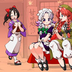 This is a pixiv picture whose title is 美鈴・咲夜・甘味処.