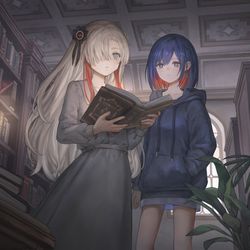 This is a pixiv picture whose title is 情緒と理芽、図書館に探る.