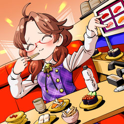 This is a pixiv picture whose title is 寿司を食べる逆の手で寿司を注文する菫子ちゃん.