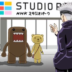 This is a pixiv picture whose title is 渋谷に本社があるテレビ局で特級呪霊たち(?)と相対する五条先生.