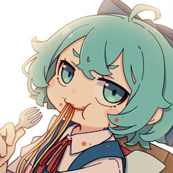 This is a pixiv picture whose title is いつもより上品に食べるチルノ.