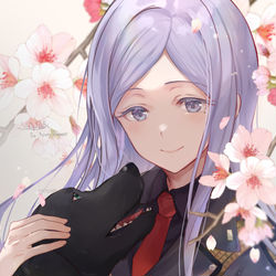 This is a pixiv picture whose title is 黒い犬と桜 アンジュ・エマ誕生祭2023.
