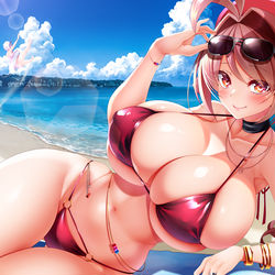 This is a pixiv picture whose title is 魅惑の爆乳水着お姉さん.