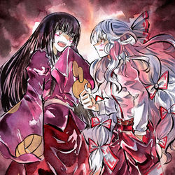 This is a pixiv picture whose title is 輝夜vs妹紅.