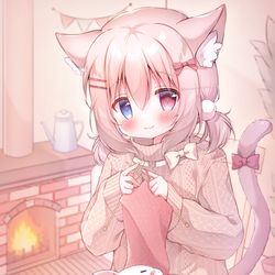 This is a pixiv picture whose title is ほっこりあったか暖炉で編み物.