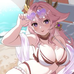 This is a pixiv picture whose title is 八重神子と夏の終わりに🏝🫧.