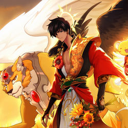 This is a pixiv picture whose title is 【重阳贺】桃矢&可鲁贝洛斯.