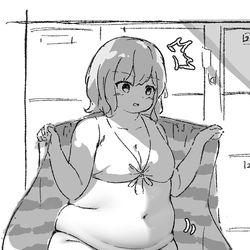 This is a pixiv picture whose title is 体型のちがいに愕然とするぽっちゃり女子.