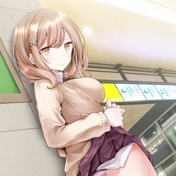 This is a pixiv picture whose title is 駅構内でぱんつを見せてくる縞パンつり目JK.