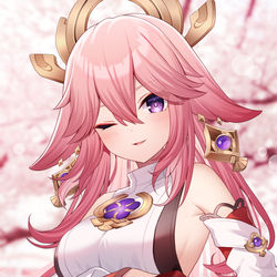 This is a pixiv picture whose title is 八重神子...横乳見せて.....