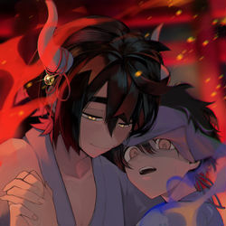 This is a pixiv picture whose title is 鬼神様と嫁(生贄).