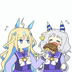 This is a pixiv picture whose title is ミラ子にお好み焼き食べさせるネオユニちゃん.