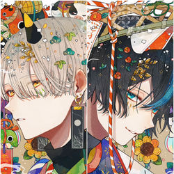 This is a pixiv picture whose title is 犬張子×赤べこ.
