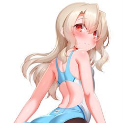 This is a pixiv picture whose title is 食い込みを直すプリケツ競泳水着タイツなイリヤちゃん.