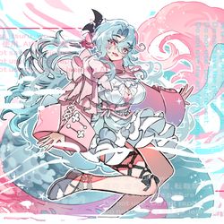 This is a pixiv picture whose title is 【skeb】ピンクと水色と赤目さん.