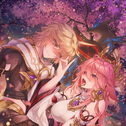 This is a pixiv picture whose title is Aether&Yae Miko.