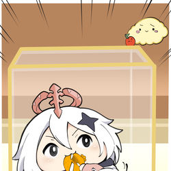 This is a pixiv picture whose title is 【原神】パイモン、フルーツ好きか？.