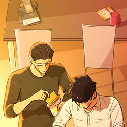 This is a pixiv picture whose title is 料理してる運転手とビジネスマン.