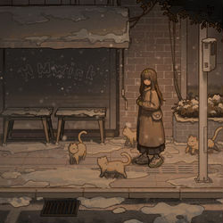 This is a pixiv picture whose title is 云小兮与猫猫队在雪天的相遇.
