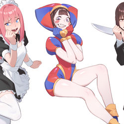 This is a pixiv picture whose title is Pomni x Kobeni x Bocchi.