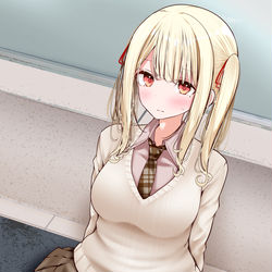 This is a pixiv picture whose title is 通勤中のリーマンにぱんつを見せてくる金髪ツインテJK.