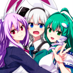 This is a pixiv picture whose title is うどんげちゃん妖夢ちゃん早苗さん！.