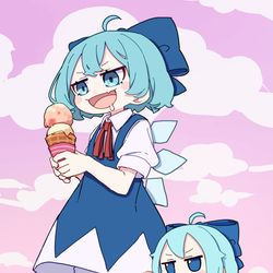 This is a pixiv picture whose title is アイスを大事そうに持つチルノとふも.