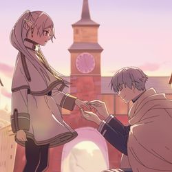 This is a pixiv picture whose title is フリーレンに指輪をはめるヒンメル.
