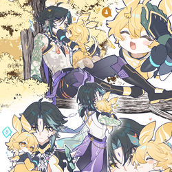 This is a pixiv picture whose title is 魈带娃（美露莘空版）.