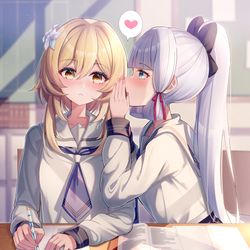 This is a pixiv picture whose title is 蛍ちゃんと神里綾華ちゃんの内緒話.