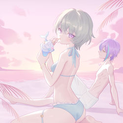 This is a pixiv picture whose title is 夕焼けの海.
