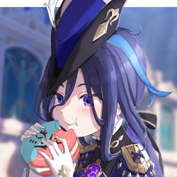 This is a pixiv picture whose title is 나비아표 뚱카롱 먹는 클로린드.