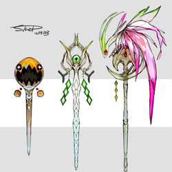 This is a pixiv picture whose title is ナックラー・ビブラーバ・フライゴンモチーフの武器(ポケモン).