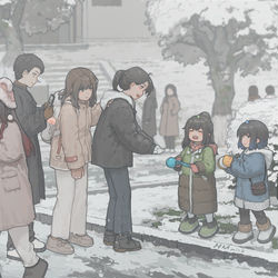 This is a pixiv picture whose title is 小云兮与小璃悦给大学生们发雪雕.