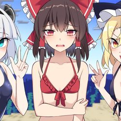 This is a pixiv picture whose title is 水着な妖夢・霊夢・魔理沙!!!.