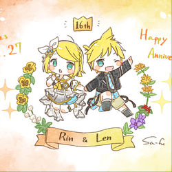 This is a pixiv picture whose title is 鏡音16th🎂🎂🎉🎉.