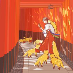 This is a pixiv picture whose title is 巫女さんとお稲荷さん.