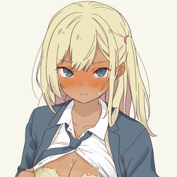 This is a pixiv picture whose title is ギャル崎さんに土下座したらシャツのボタン外して見せてくれた（下着.