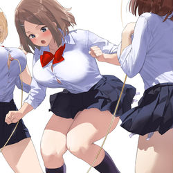 This is a pixiv picture whose title is 縄をおっぱいの谷間に挟んで縄跳びする女子達.