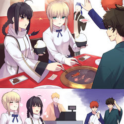 This is a pixiv picture whose title is セイバー×セイバーで焼肉！.