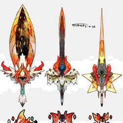 This is a pixiv picture whose title is チヲハウハネ・ウルガモス・テツノドクガモチーフの武器（ポケモン）.